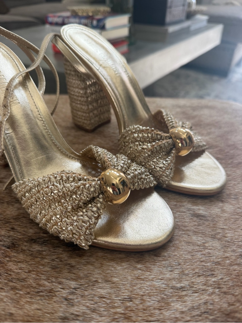 Steve Madden Metallic Gold Braided Block Heel Sandals with Knot and Orb Detail - Picture 2 of 9